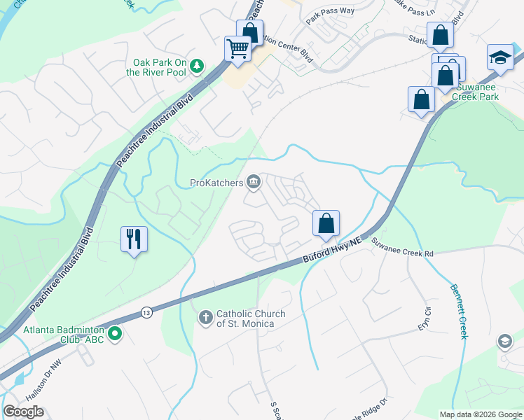 map of restaurants, bars, coffee shops, grocery stores, and more near 1887 Baxley Pine Trace in Suwanee