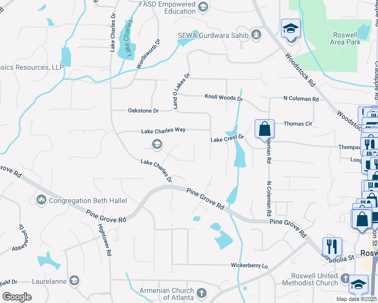 map of restaurants, bars, coffee shops, grocery stores, and more near 495 Ramsdale Drive in Roswell