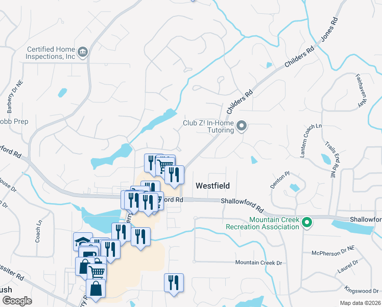 map of restaurants, bars, coffee shops, grocery stores, and more near 3345 Childers Road in Roswell