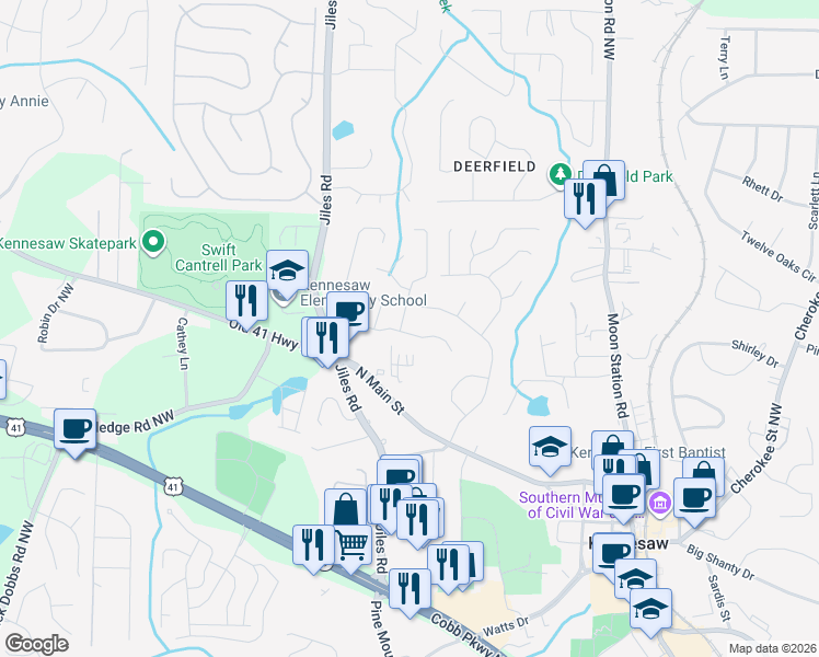 map of restaurants, bars, coffee shops, grocery stores, and more near 1092 Mountain Springs Drive in Kennesaw