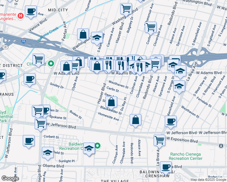 map of restaurants, bars, coffee shops, grocery stores, and more near 5426 Carlin Street in Los Angeles