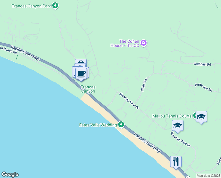 map of restaurants, bars, coffee shops, grocery stores, and more near 30630 Morning View Drive in Malibu