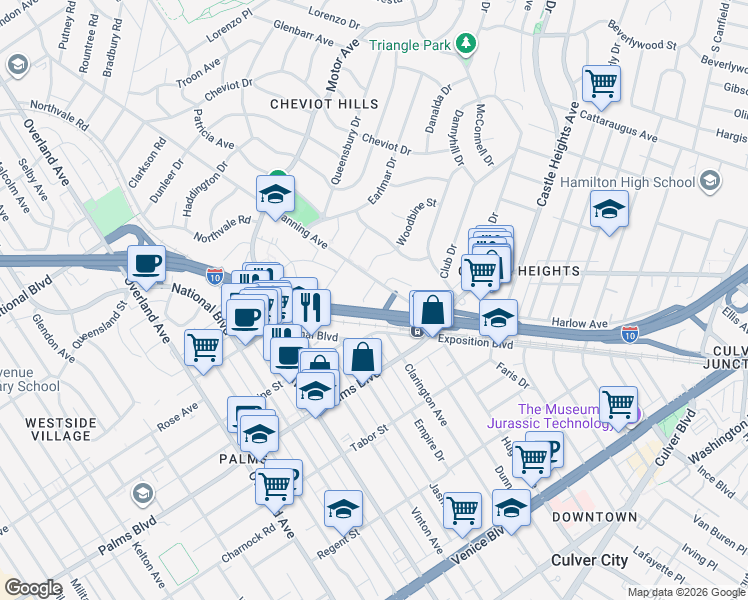 map of restaurants, bars, coffee shops, grocery stores, and more near 3375 Manning Avenue in Los Angeles