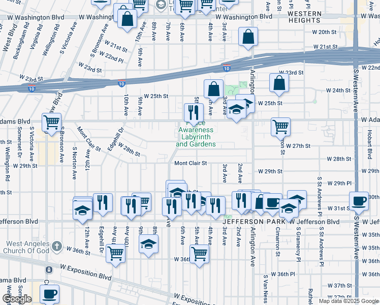 map of restaurants, bars, coffee shops, grocery stores, and more near 3514 West 27th Street in Los Angeles