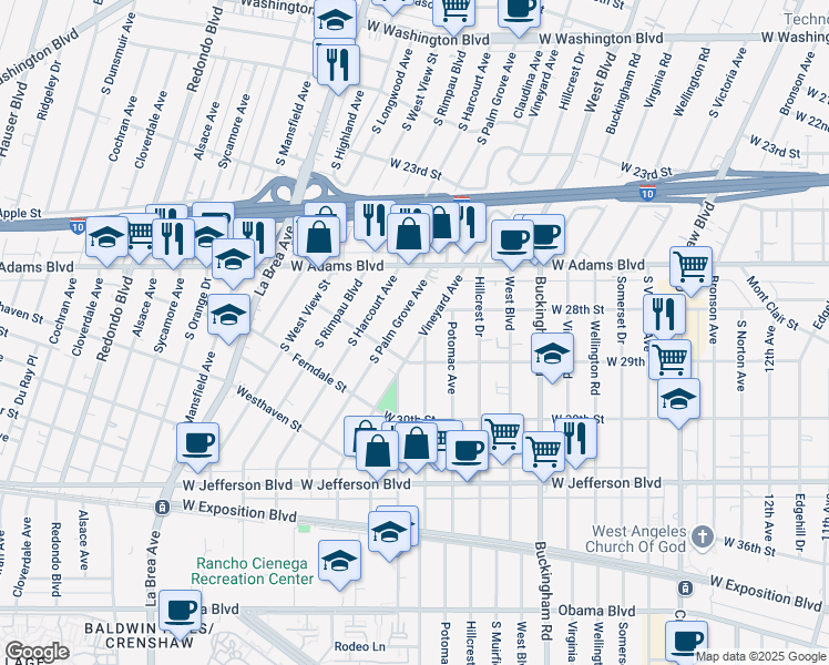 map of restaurants, bars, coffee shops, grocery stores, and more near 2829 Vineyard Avenue in Los Angeles