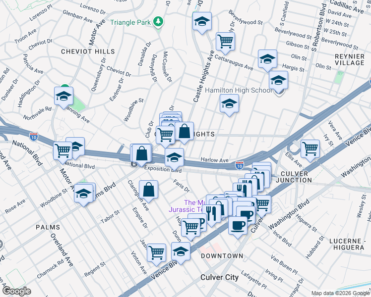 map of restaurants, bars, coffee shops, grocery stores, and more near 3324 Castle Heights Avenue in Los Angeles