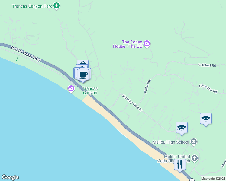 map of restaurants, bars, coffee shops, grocery stores, and more near 30630 Morning View Drive in Malibu