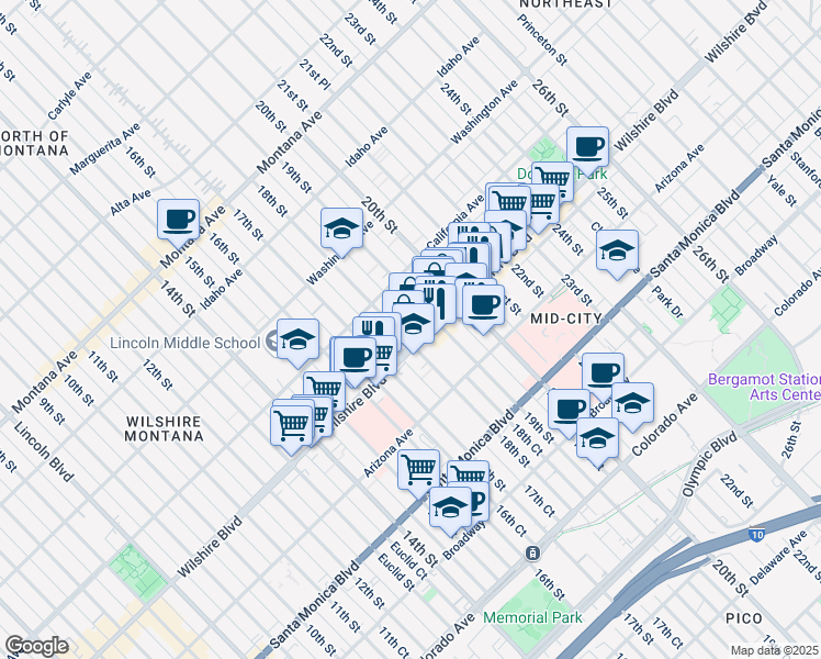 map of restaurants, bars, coffee shops, grocery stores, and more near 1807 Wilshire Boulevard in Santa Monica
