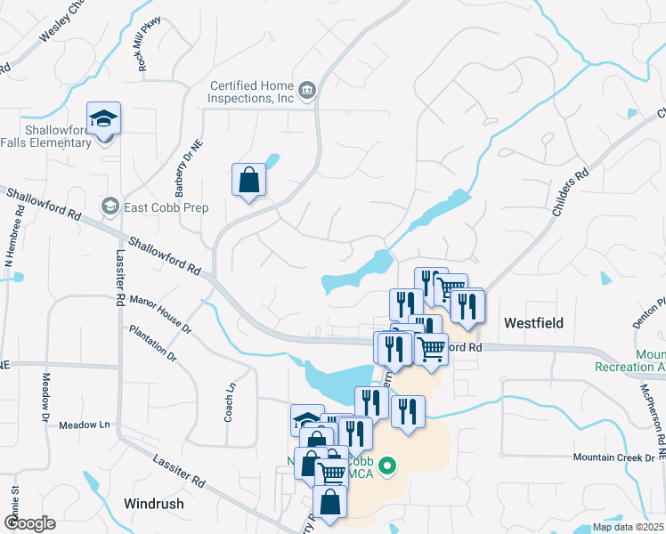map of restaurants, bars, coffee shops, grocery stores, and more near 3341 Weathertop Way Northeast in Roswell