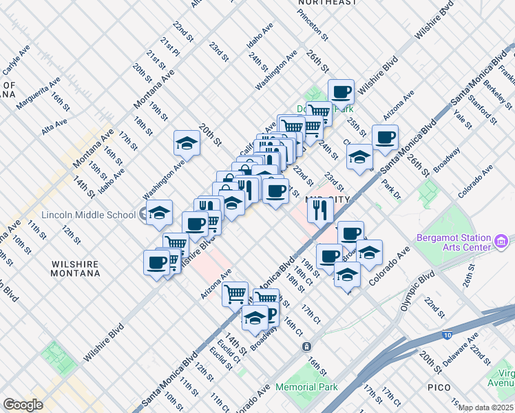 map of restaurants, bars, coffee shops, grocery stores, and more near 1209 19th Street in Santa Monica