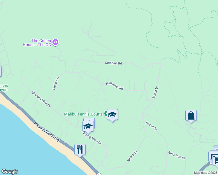 map of restaurants, bars, coffee shops, grocery stores, and more near 29924 Harvester Road in Malibu