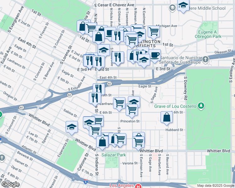 map of restaurants, bars, coffee shops, grocery stores, and more near 3687 East 5th Street in Los Angeles