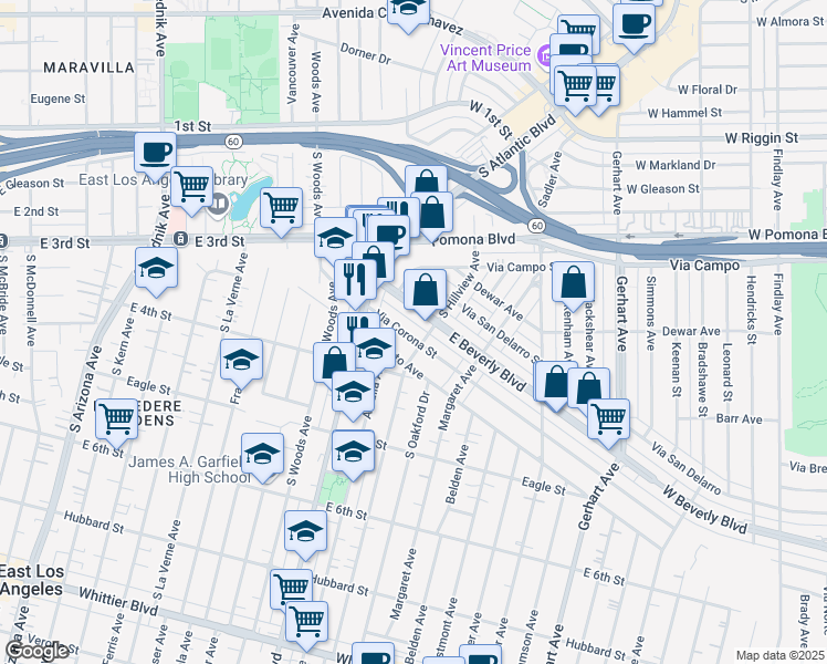 map of restaurants, bars, coffee shops, grocery stores, and more near 5261 Via Corona Street in East Los Angeles