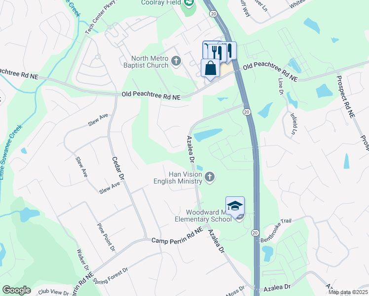 map of restaurants, bars, coffee shops, grocery stores, and more near 2250 Friars Gate Drive Northeast in Lawrenceville