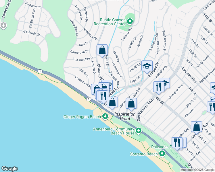 map of restaurants, bars, coffee shops, grocery stores, and more near 212 Chautauqua Boulevard in Los Angeles