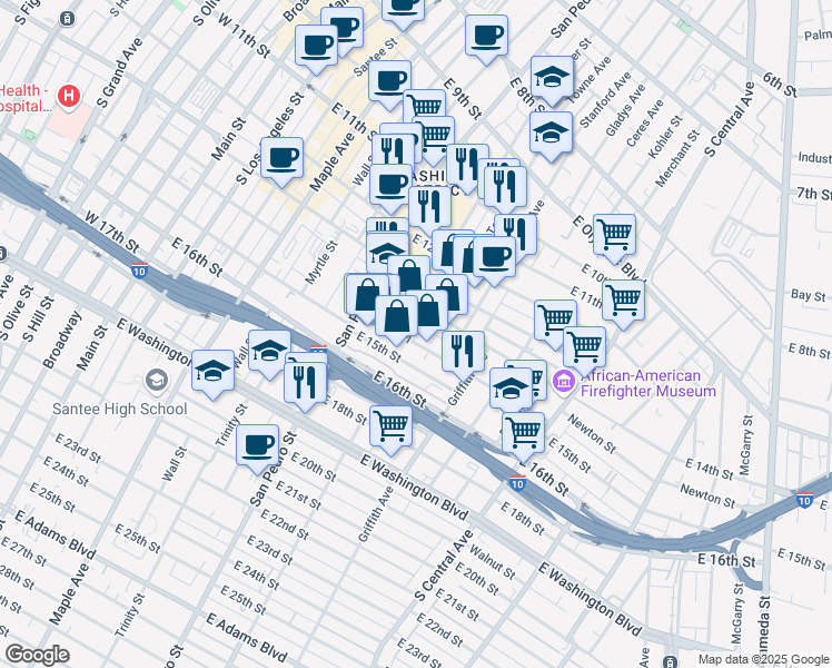 map of restaurants, bars, coffee shops, grocery stores, and more near 773 East 14th Place in Los Angeles