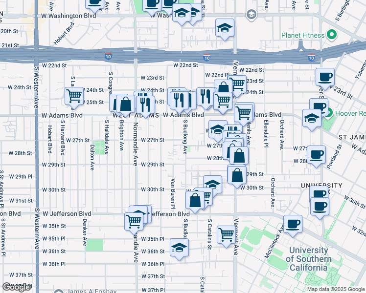 map of restaurants, bars, coffee shops, grocery stores, and more near 2711 South Budlong Avenue in Los Angeles