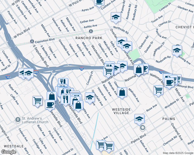 map of restaurants, bars, coffee shops, grocery stores, and more near 2949 Kelton Avenue in Los Angeles