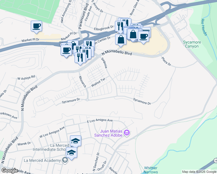 map of restaurants, bars, coffee shops, grocery stores, and more near 138 Verbena Way in Montebello