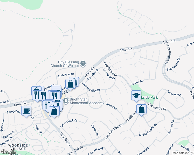 map of restaurants, bars, coffee shops, grocery stores, and more near 960 Fall Creek Court in Walnut