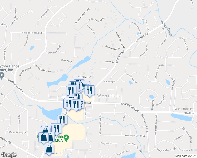 map of restaurants, bars, coffee shops, grocery stores, and more near 3345 Childers Road in Roswell