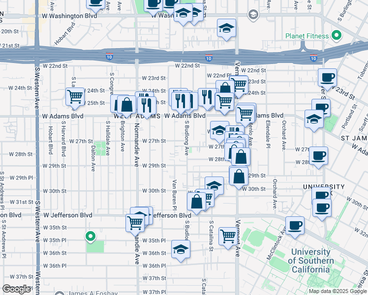 map of restaurants, bars, coffee shops, grocery stores, and more near 2711 South Budlong Avenue in Los Angeles