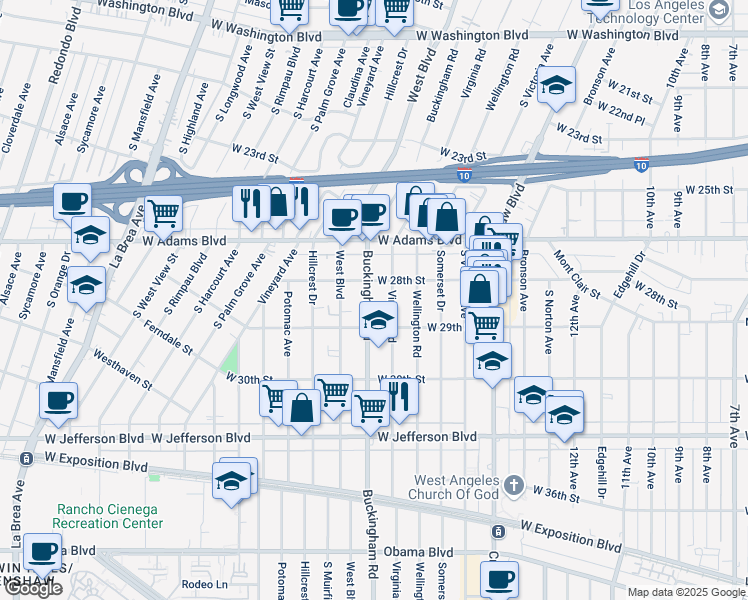 map of restaurants, bars, coffee shops, grocery stores, and more near 2817 Buckingham Road in Los Angeles