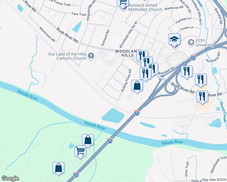 map of restaurants, bars, coffee shops, grocery stores, and more near 2431 Merry Wood Road in Columbia