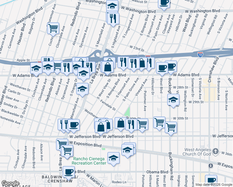 map of restaurants, bars, coffee shops, grocery stores, and more near 2701 South Harcourt Avenue in Los Angeles