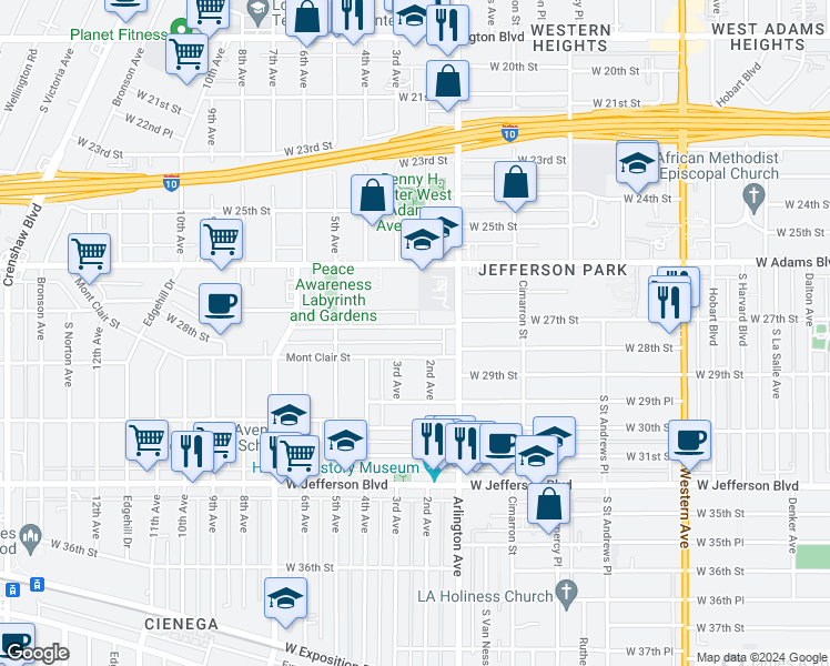 map of restaurants, bars, coffee shops, grocery stores, and more near 3218 West 27th Street in Los Angeles