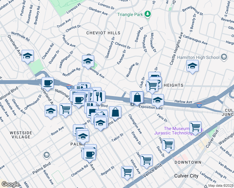 map of restaurants, bars, coffee shops, grocery stores, and more near 3325 Woodbine Street in Los Angeles