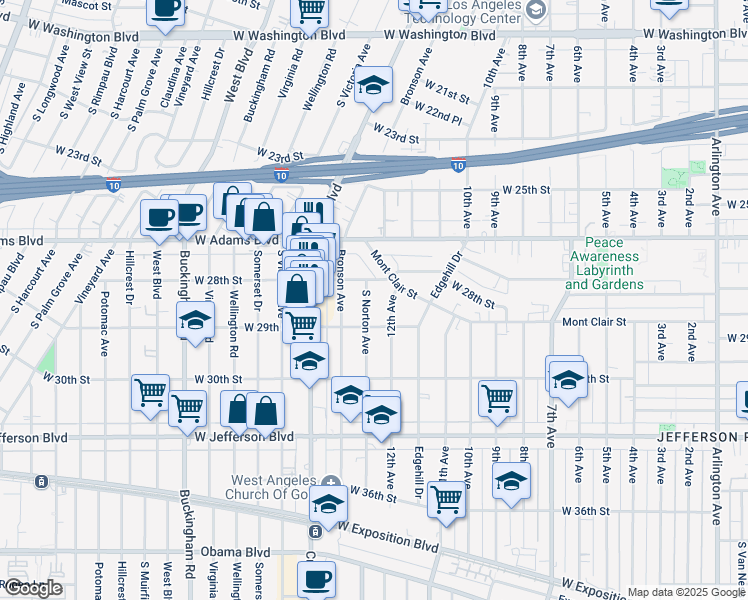 map of restaurants, bars, coffee shops, grocery stores, and more near 2819 12th Avenue in Los Angeles