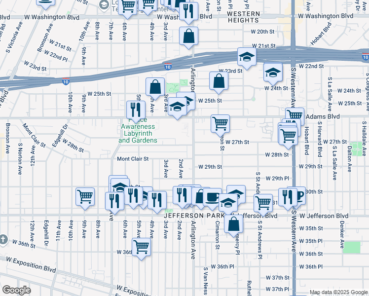 map of restaurants, bars, coffee shops, grocery stores, and more near 3120 West 27th Street in Los Angeles