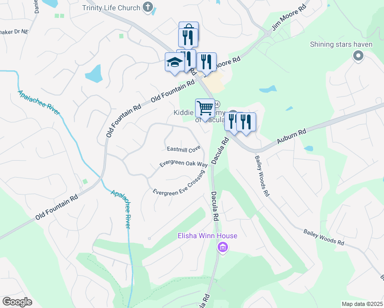 map of restaurants, bars, coffee shops, grocery stores, and more near 1072 Eastmill Cove in Dacula