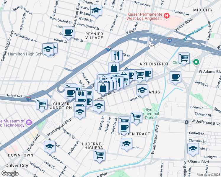 map of restaurants, bars, coffee shops, grocery stores, and more near 3250 Hutchison Avenue in Culver City