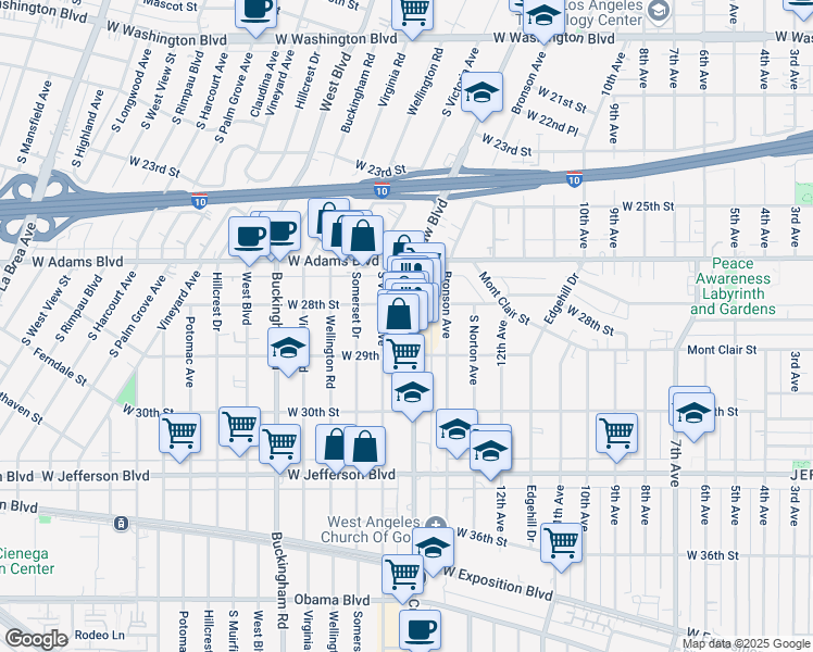 map of restaurants, bars, coffee shops, grocery stores, and more near 2813 Crenshaw Boulevard in Los Angeles