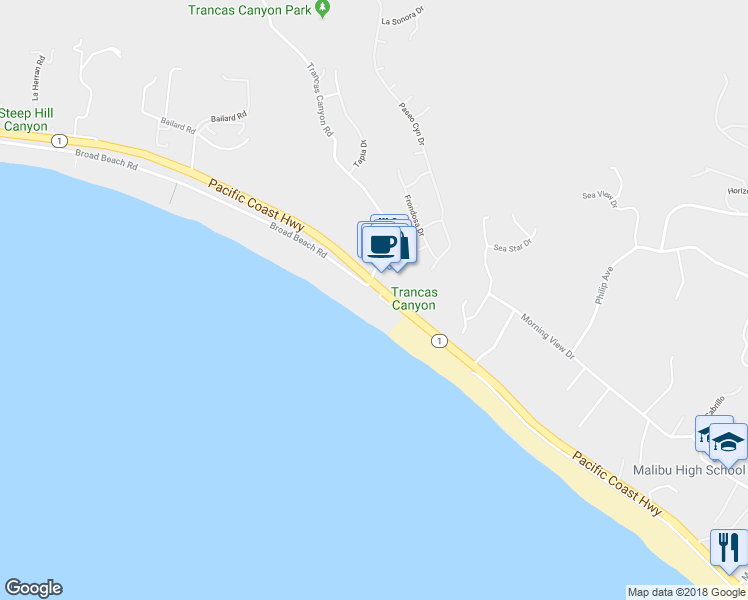 map of restaurants, bars, coffee shops, grocery stores, and more near 30750 Pacific Coast Highway in Malibu