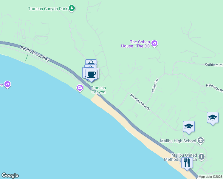 map of restaurants, bars, coffee shops, grocery stores, and more near 6415 Surfside Way in Malibu
