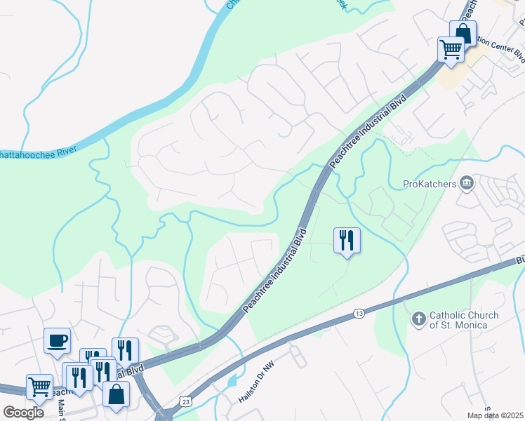 map of restaurants, bars, coffee shops, grocery stores, and more near 1731 River Bluff View in Duluth