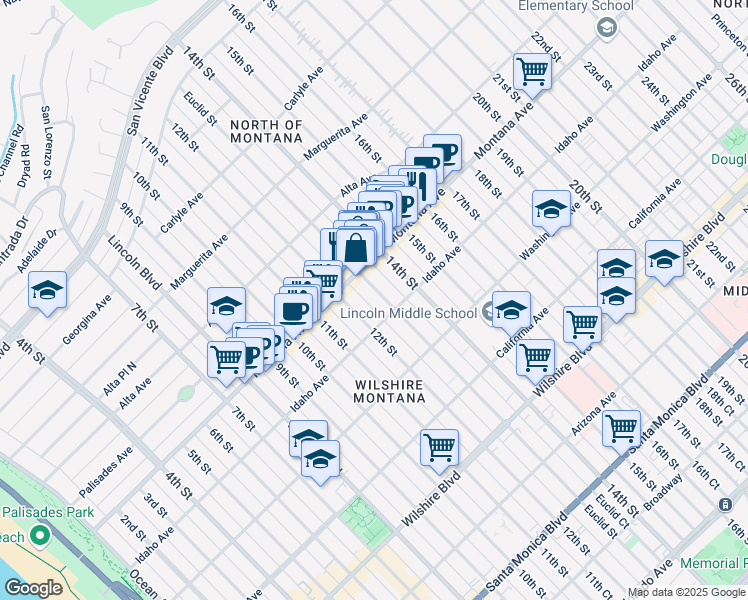map of restaurants, bars, coffee shops, grocery stores, and more near 832 Euclid Street in Santa Monica