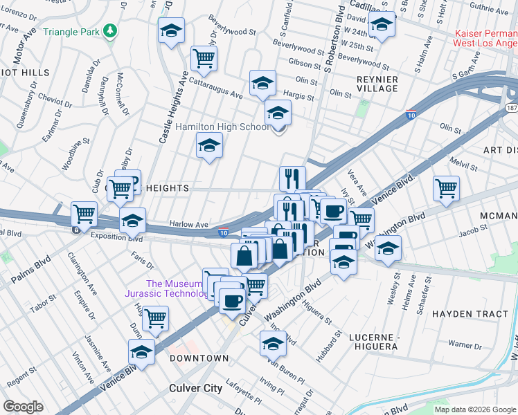 map of restaurants, bars, coffee shops, grocery stores, and more near 3326 Durango Avenue in Los Angeles