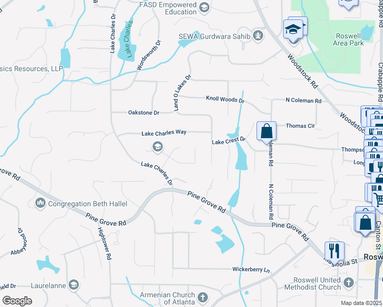map of restaurants, bars, coffee shops, grocery stores, and more near 495 Ramsdale Drive in Roswell