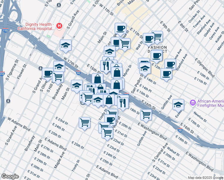 map of restaurants, bars, coffee shops, grocery stores, and more near 1626 Wall Street in Los Angeles