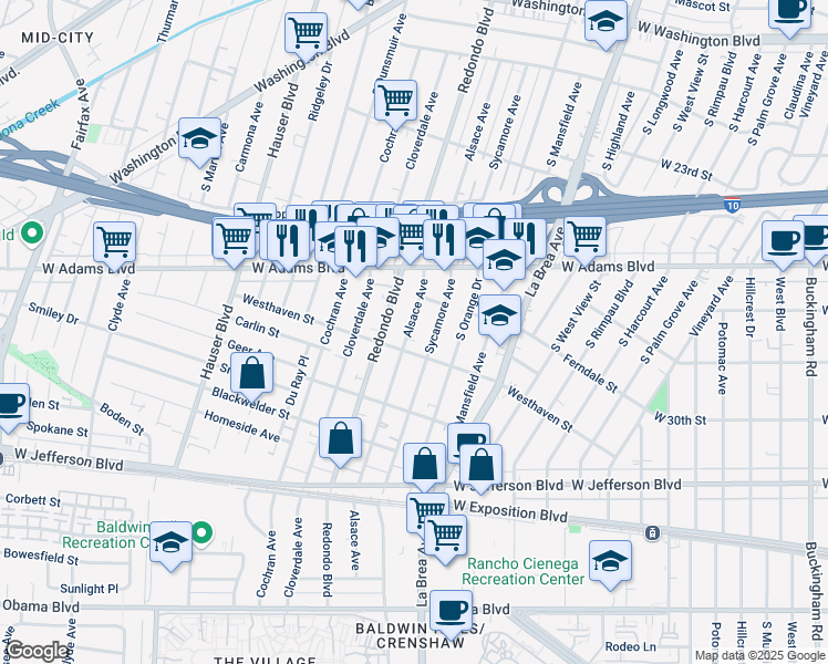 map of restaurants, bars, coffee shops, grocery stores, and more near 2736 Alsace Avenue in Los Angeles