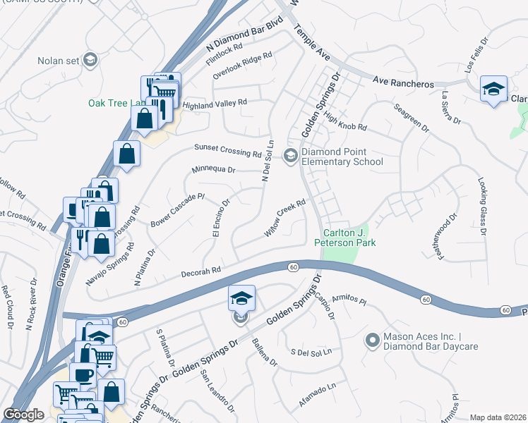 map of restaurants, bars, coffee shops, grocery stores, and more near 502 North Del Sol Lane in Diamond Bar