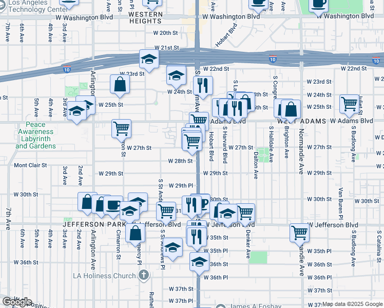 map of restaurants, bars, coffee shops, grocery stores, and more near 2715 South Western Avenue in Los Angeles