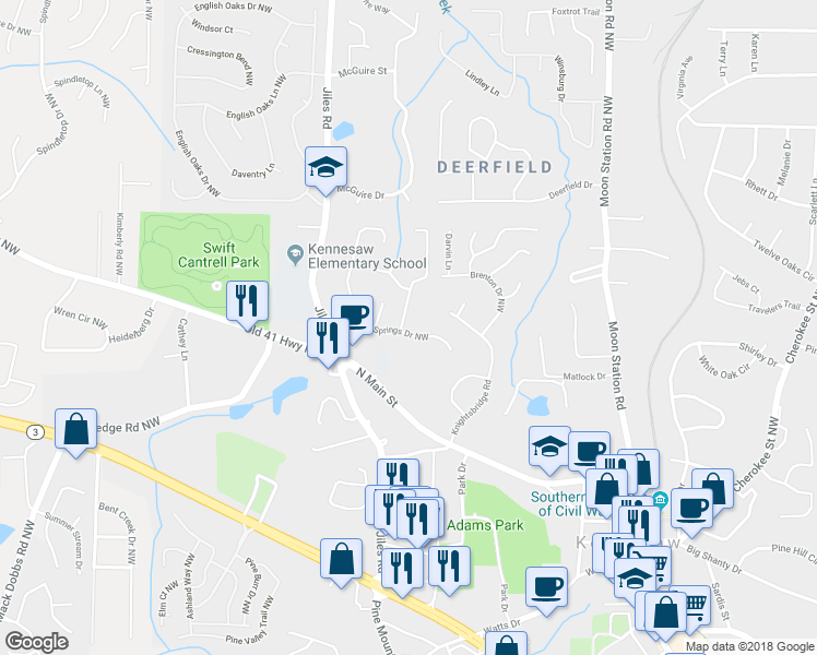 map of restaurants, bars, coffee shops, grocery stores, and more near 1092 Mountain Springs Drive in Kennesaw