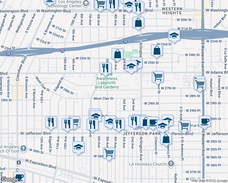 map of restaurants, bars, coffee shops, grocery stores, and more near 3402 West 27th Street in Los Angeles