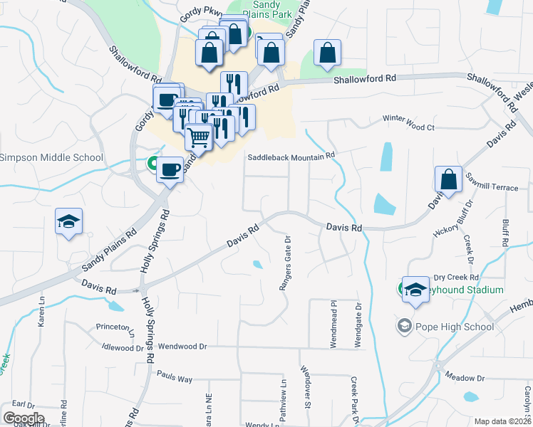 map of restaurants, bars, coffee shops, grocery stores, and more near 3101 Davis Road in Marietta