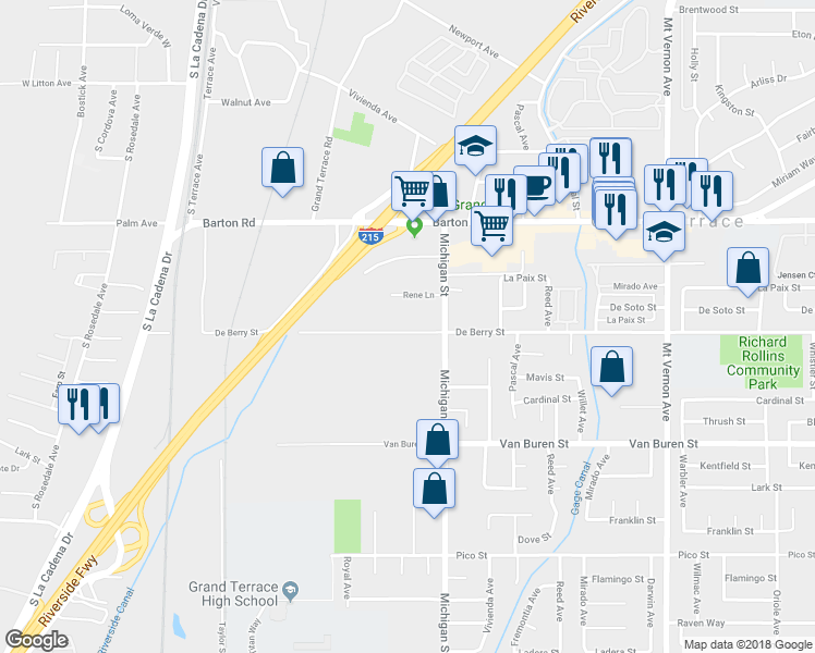 map of restaurants, bars, coffee shops, grocery stores, and more near 22034 De Berry Street in Grand Terrace